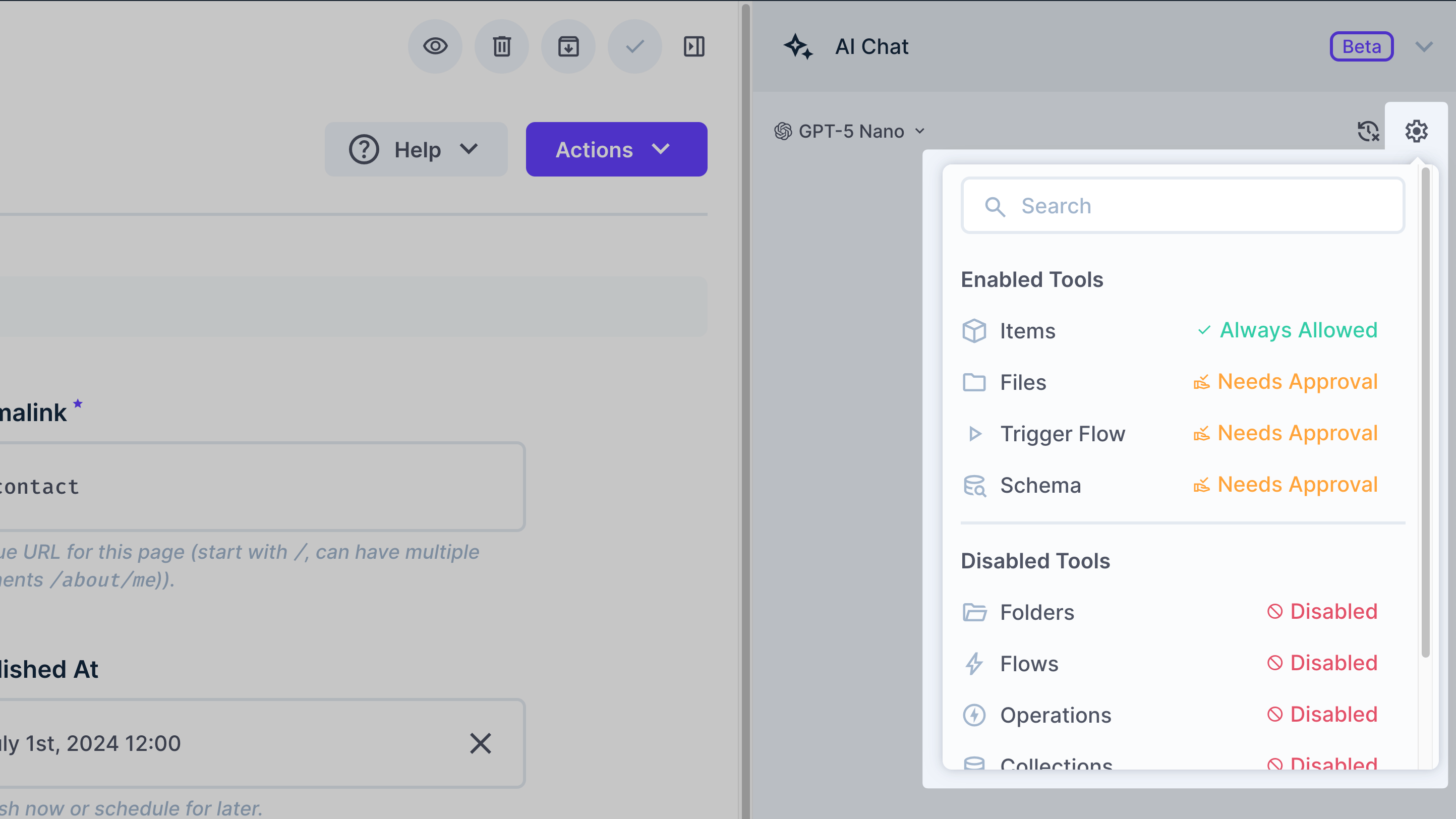 Tool configuration panel showing approval modes